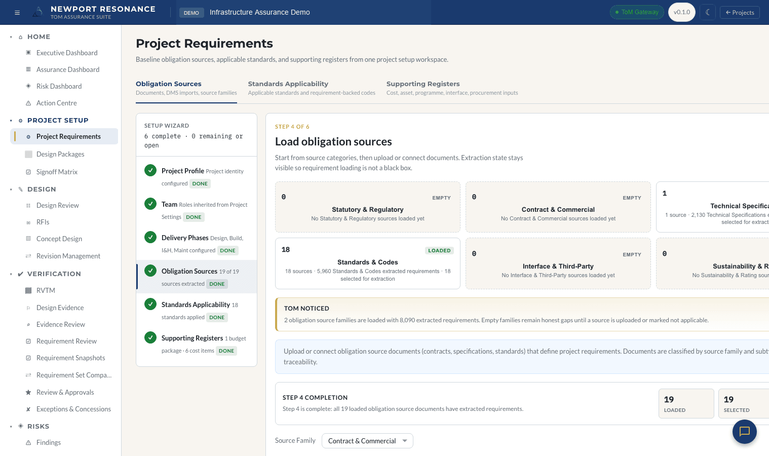 Project requirements setup screen showing obligation sources, standards applicability, supporting registers, and loaded source counts.