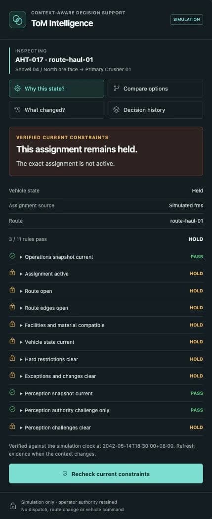 Actual ToM Mine simulation interface showing AHT-017 held, with three of eleven current constraints passing and the remaining conditions on hold.