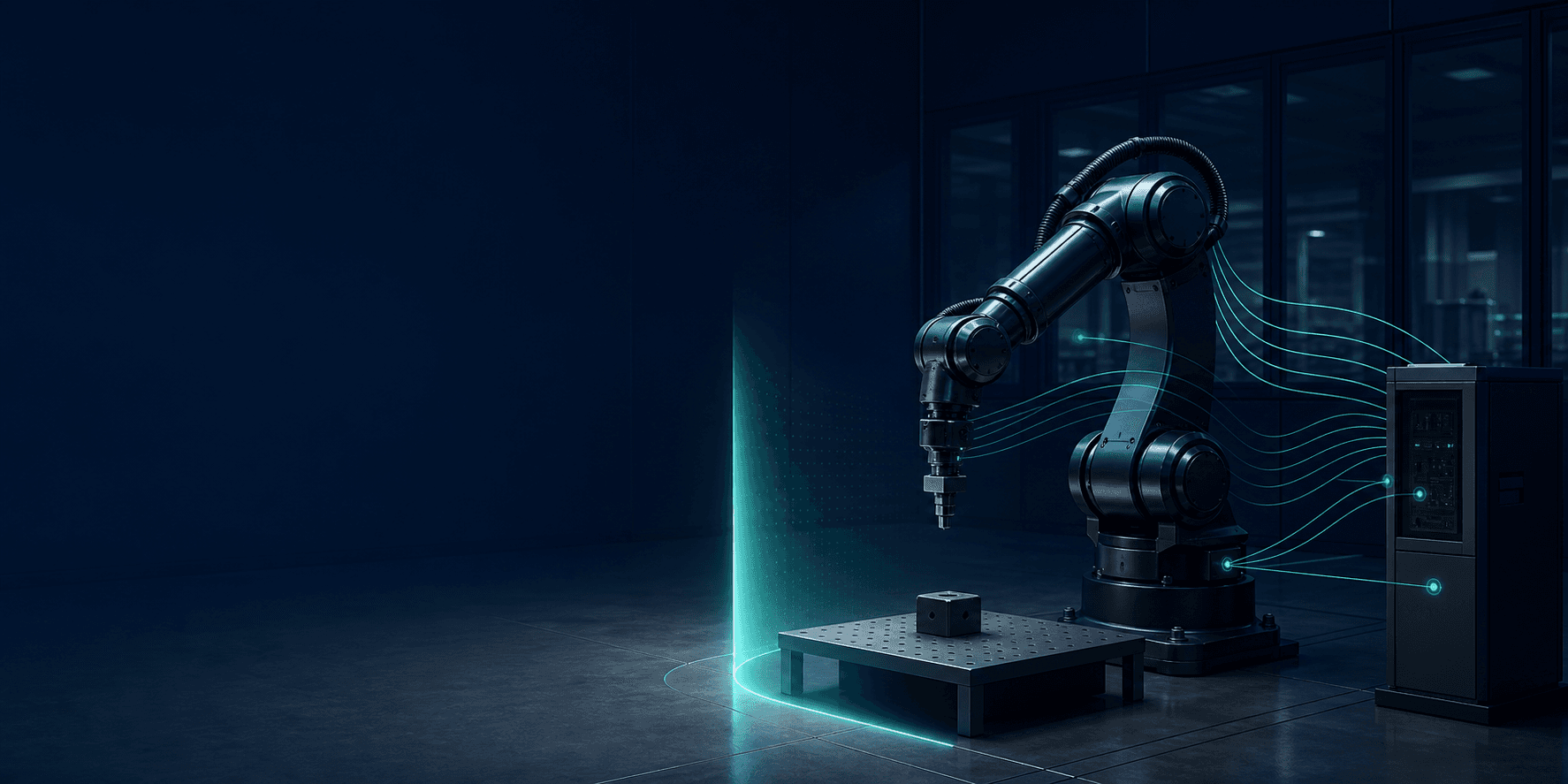 A simulated robot workcell with a distinct structural governance boundary between planning and physical action.